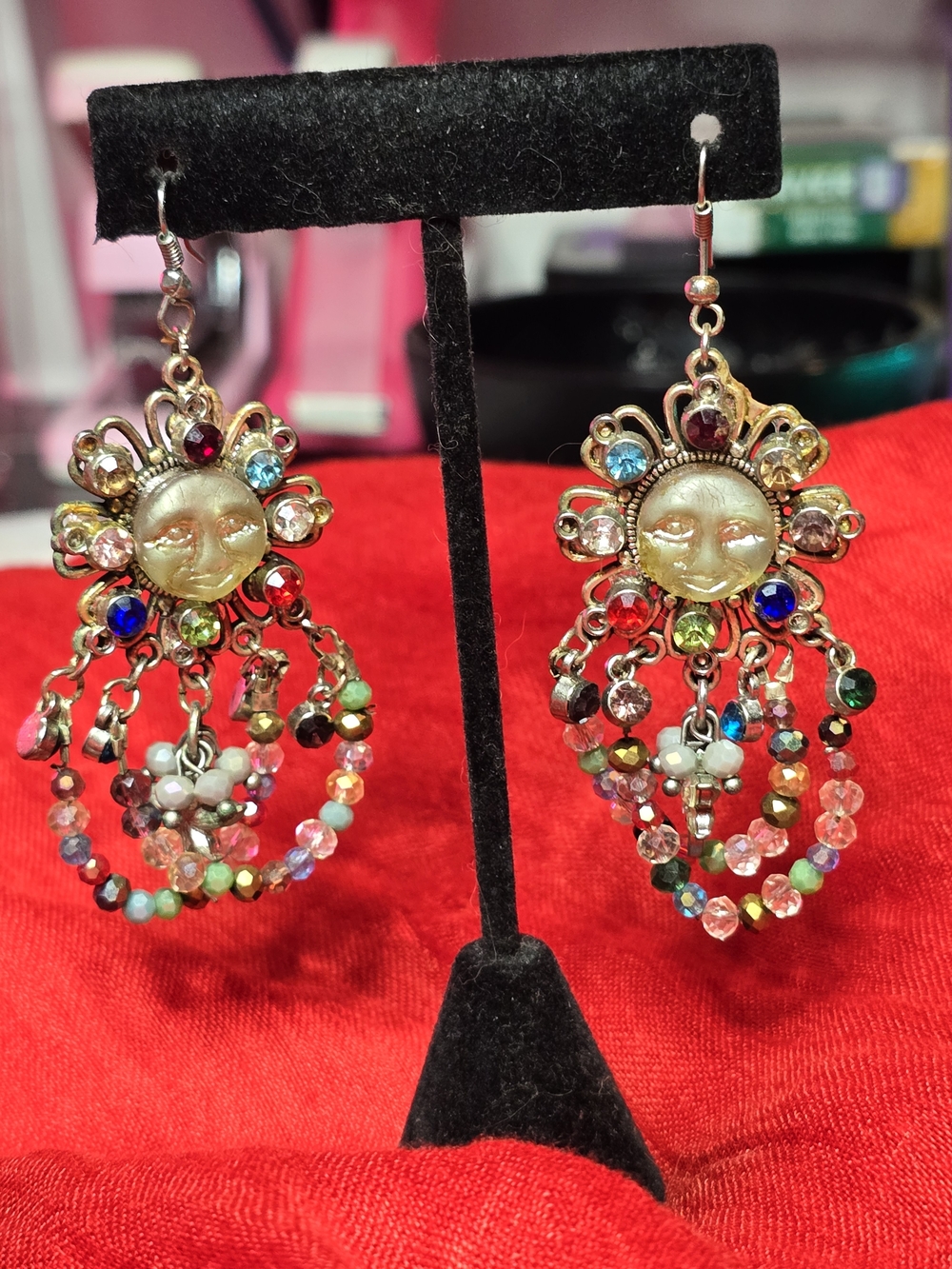 Sunface Medallions W/Colorful Crystals Embellish On Fish Hook Pierced Earrings